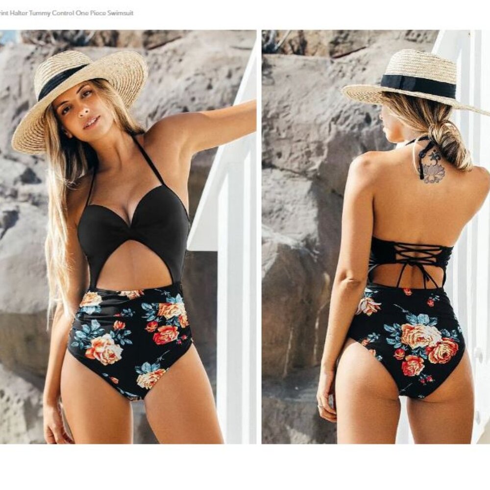 Cupshe NWT Black Blue Yellow Floral Boho Tropical Cutout One Piece Swimsuit